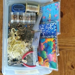 Craft box with jewelry making tools, beads and fun fabric